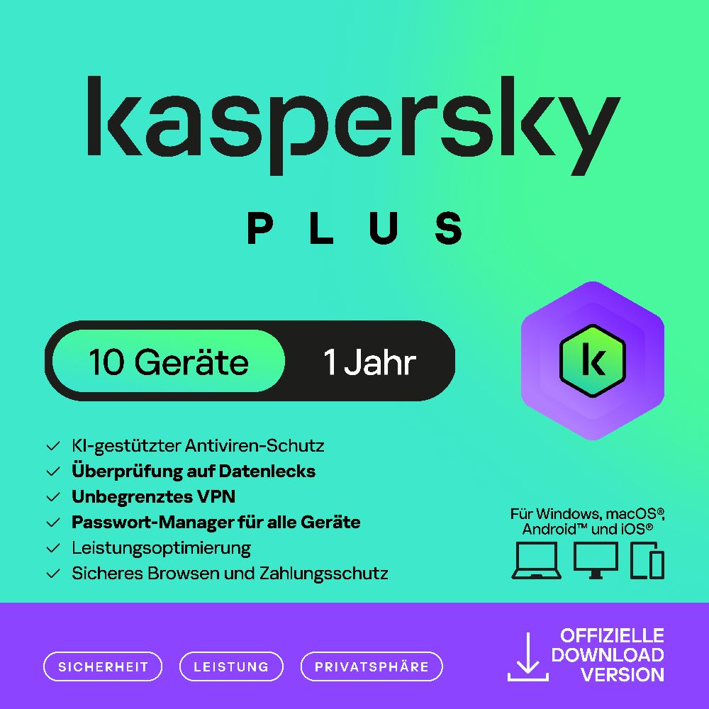 Kaspersky Plus (10 Devices - 1 Jahr) DACH ESD
