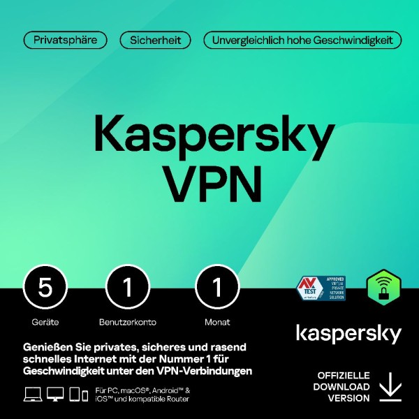 Kaspersky Secure Connection VPN (1 User+ 5 Device - 1 Monat) DACH ESD